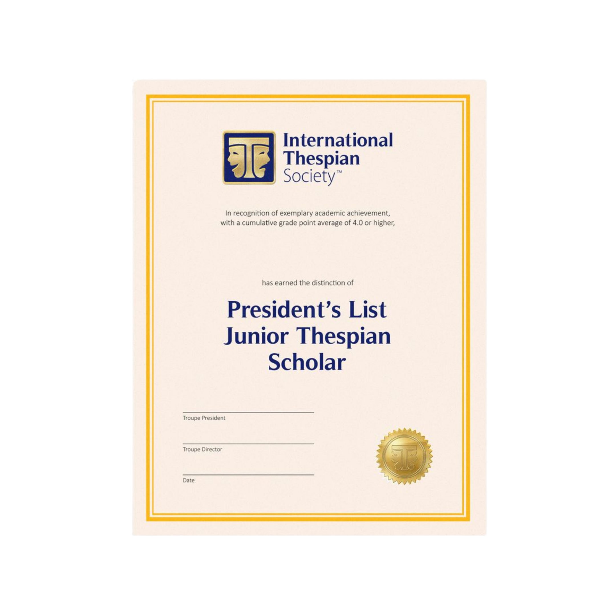 Jr Thes President List Scholar Cert PK5